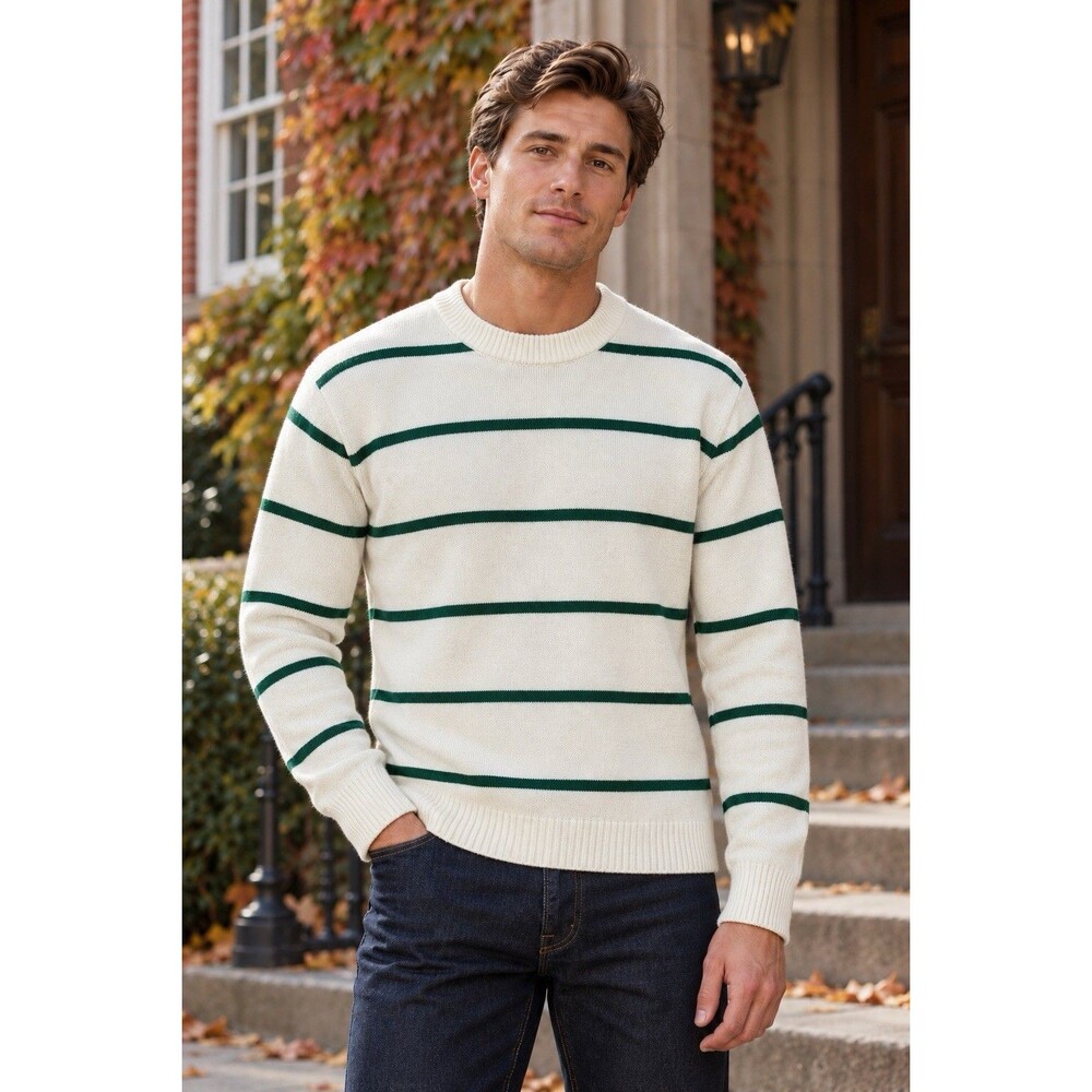 J Crew Sweater Mens XL Ivory Green Stripe Heritage Cotton Crewneck Preppy CQ892